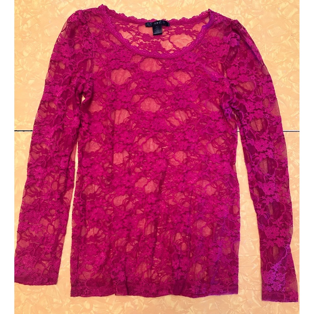 Bozzolo Pink Long Sleeve Sheer Stretch Lace Top Size Large 90s Y2K